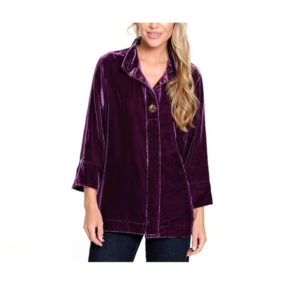 John Mark Button Up Down Shirt Womens Size XL Purple Velvet Wire Collar Holiday